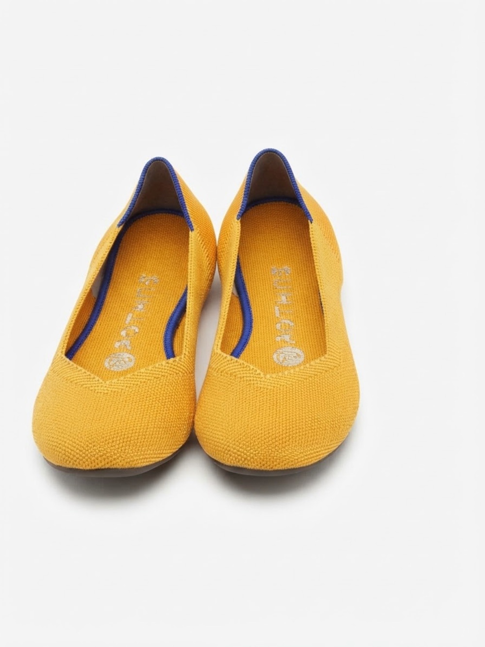 Rothy's The Flat Mustard Yellow Knit Flats Sz US 6 Blue Trim Sustainable